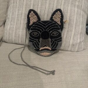 Beaded Black Dog Face Crossbody Bag with Pink Accents